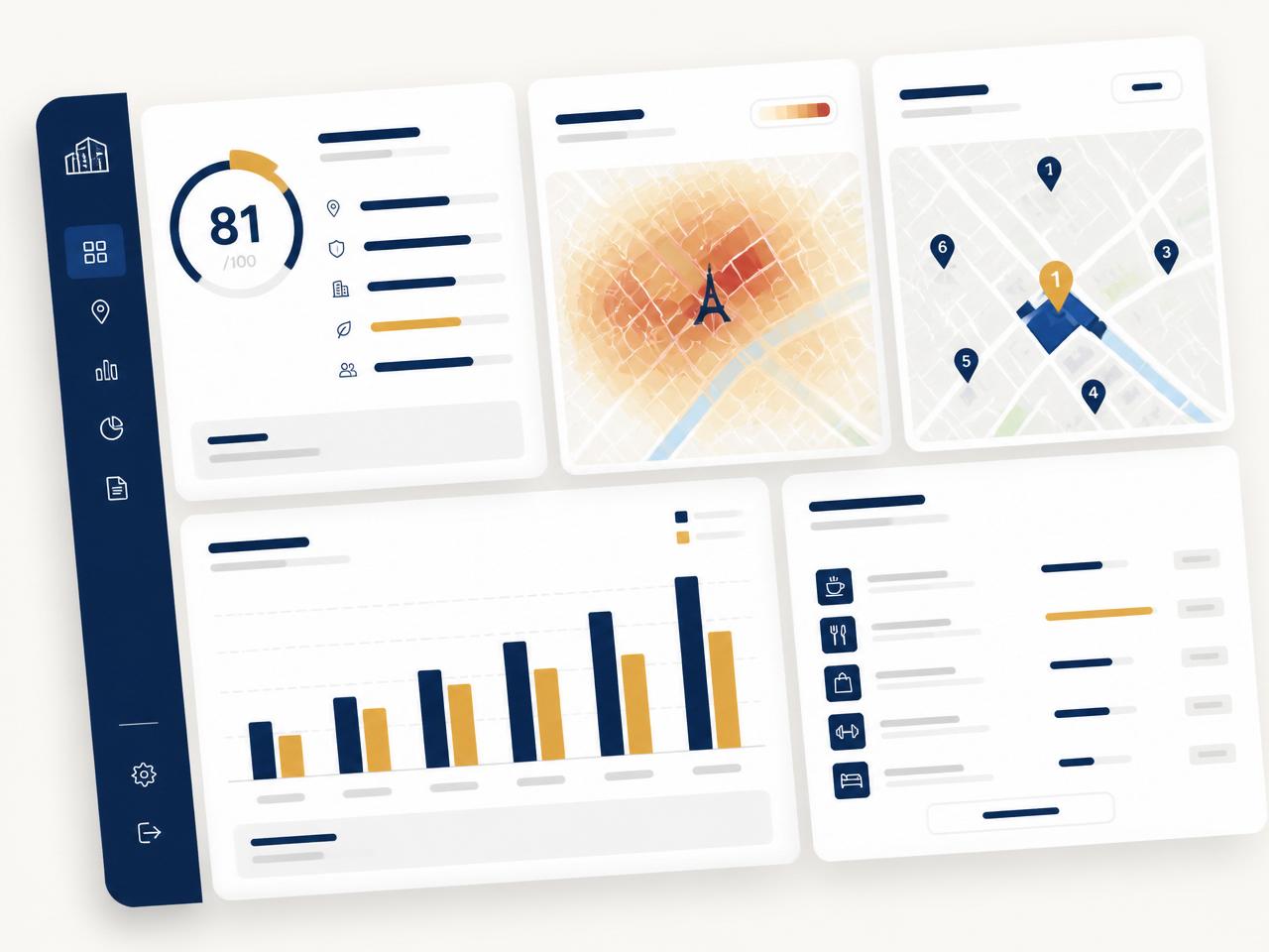 Aperçu d'un rapport place.xval.fr : score, heatmap, cartographie et benchmark